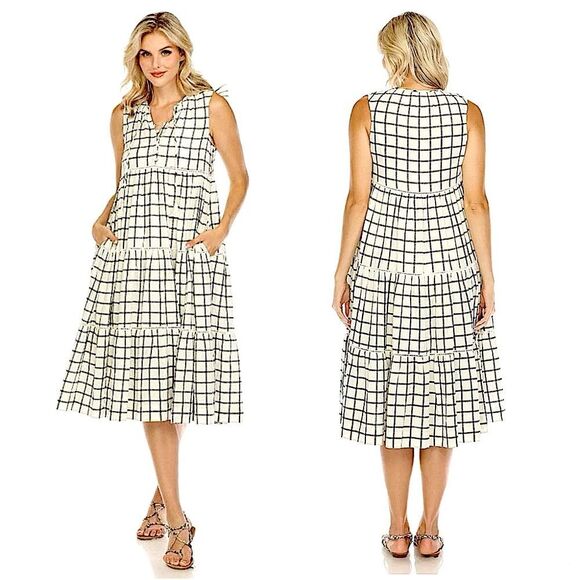 Johnny Was Plaid Tiered Midi Dress with Shirring